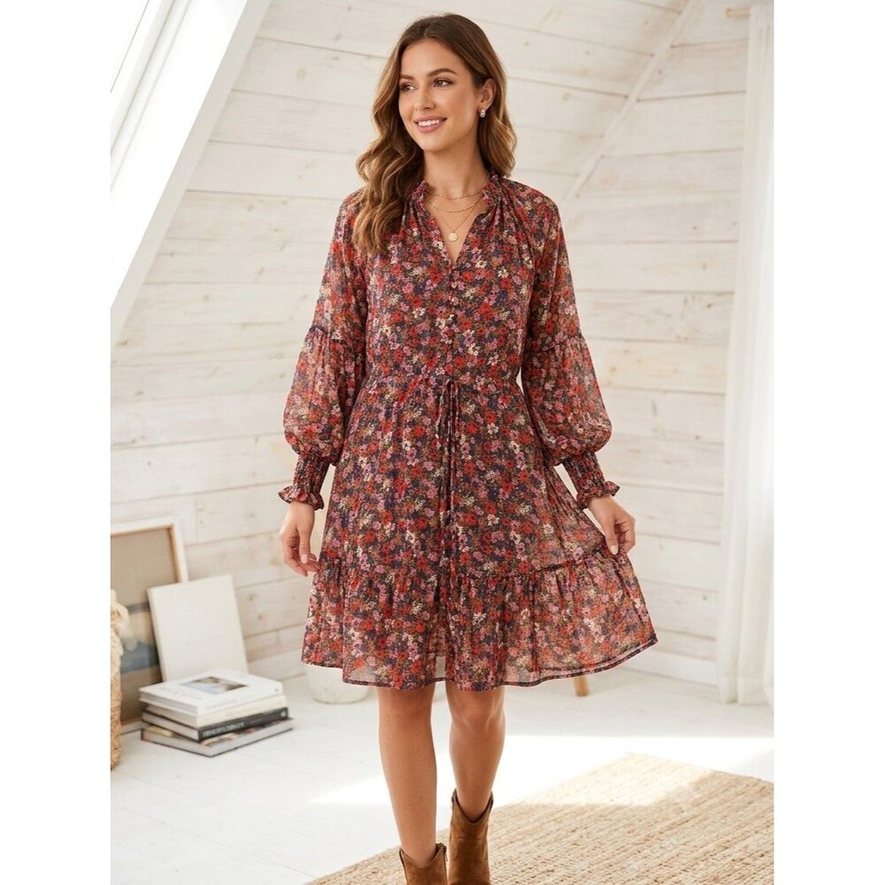 Entro Floral V-Neck Balloon Sleeve A-Line Lined Short Dress Multicolor S